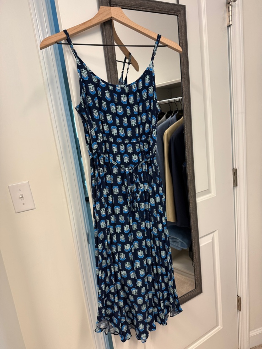 J. Crew Factory Navy Midi Dress with Blue Print